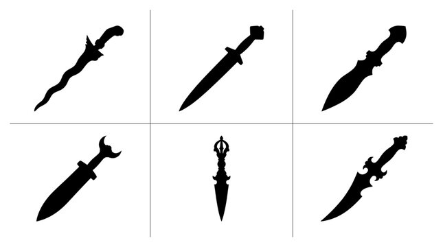 Daggers silhouettes set with kris, kukri, and vajra, historical weapons for design