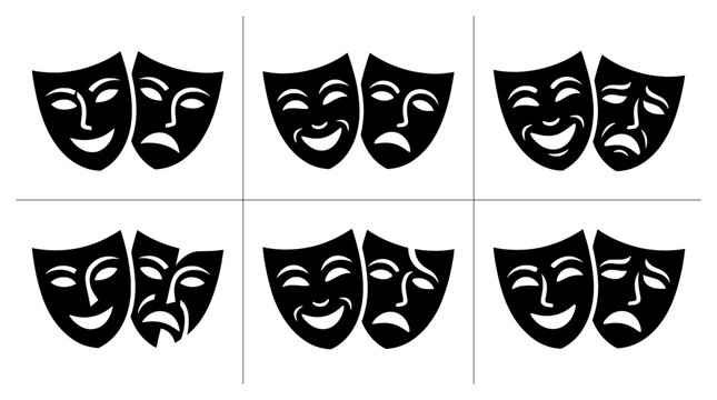 Theater masks set with happy and sad faces, comedy and tragedy symbols for drama and performance