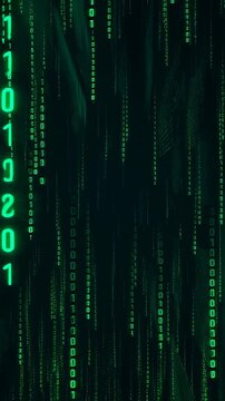Glowing binary code streams scroll through a dark digital field. Technology presentations, cybersecurity advertising, and software marketing.