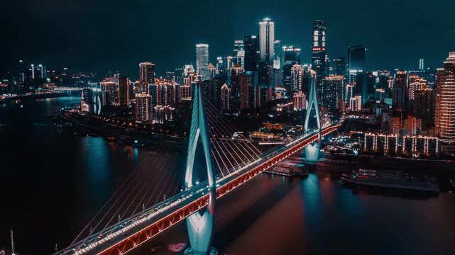 Chongqing Skyline at Night with Illuminated Cable-Stayed Bridge over the Yangtze River, China