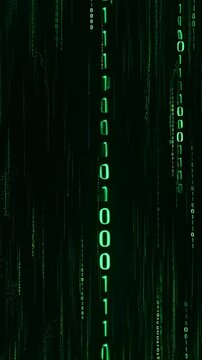 Green binary code streams vertically through a dark digital field. Technology presentations, cybersecurity advertising, and software marketing.