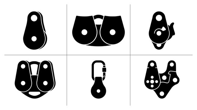 Pulley and carabiner set, climbing gear and safety equipment silhouettes