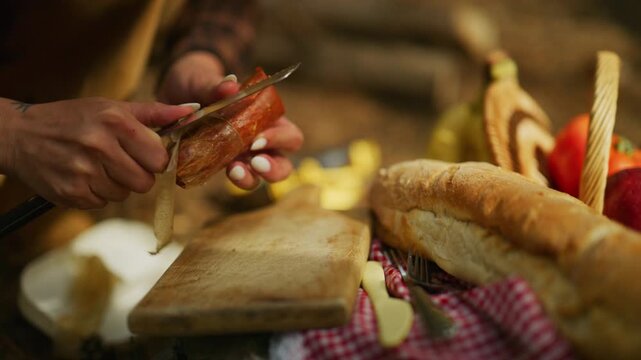 Woman peels and slices cured sausage on a wooden board while preparing food for a camping picnic outdoors.