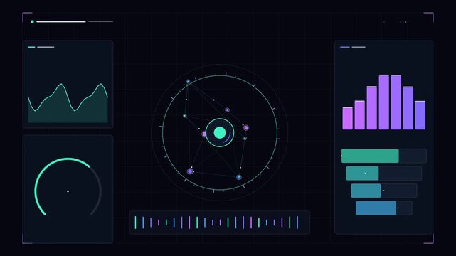 Digital hud interface with animated data charts and circular network scanning elements