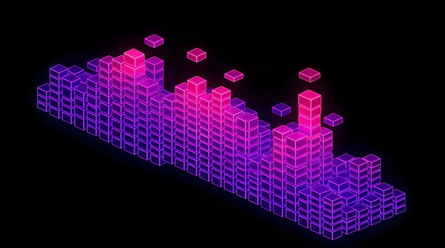 Abstract purple digital equalizer bars forming a three dimensional landscape with frequency spectrum visualization information waveform electronics background