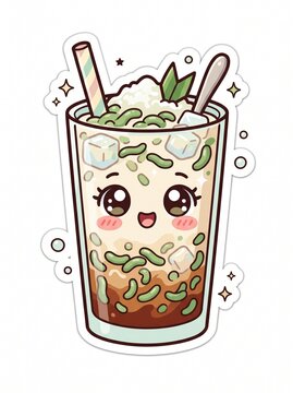 Cute es dawet or cendol traditional indonesian iced drink vector sticker illustration