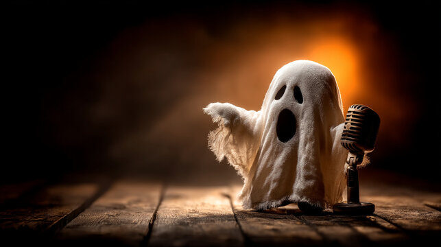 Cute white ghost performing stand up comedy into a vintage microphone