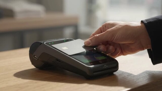 Person making a contactless payment with a credit card at a store terminal