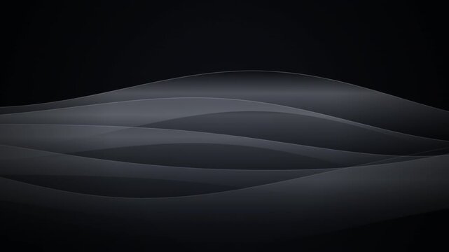 Elegant dark waves with flowing silver ribbons on black background