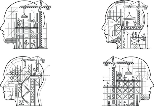  Human Profile Head Construction Site Illustration Set with Tower Crane Scaffolding and Workers for Architectural Engineering Development and Project Management Designs