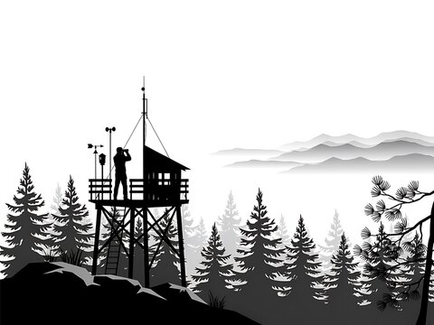 Forest lookout tower with observer silhouette in wooded area