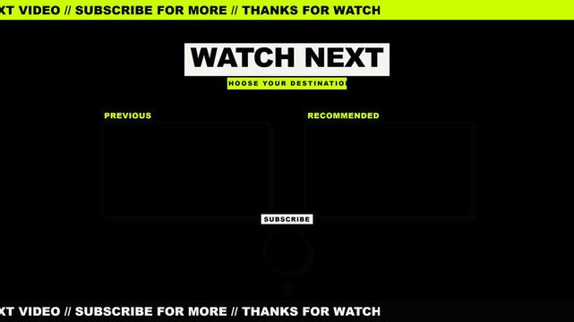 Edgy modern brutalism end screen overlay with dynamic label boxes, solid offset shadows, continuous ticker tape, and precise transparent video cut-out.