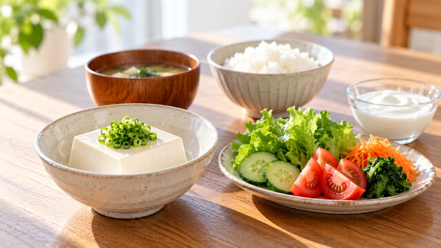 木のテーブルの豆腐と野菜とヨーグルトの朝食　プリン体を控えた食事のイメージ