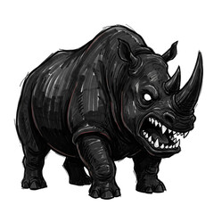 Angry Dark Rhinoceros Character Sketch with Sharp Teeth and Large Horn Illustration © MO