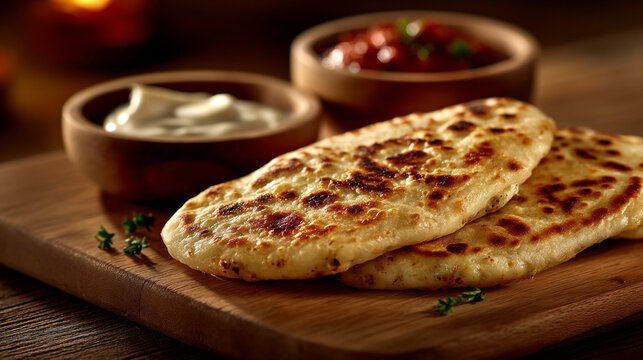 Crispy flatbread served with bowls of creamy dip and salsa on a wooden cutting board