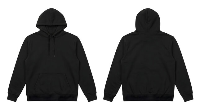 Blank black oversized hoodie mockup front and back view, fleece pullover hooded sweatshirt with hood up isolated on transparent background