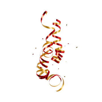 Curled red and gold party streamers with falling confetti, festive holiday serpentine ribbon isolated on transparent background