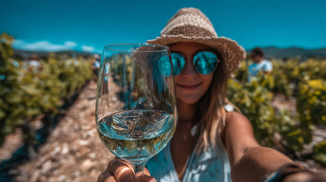 Woman holding glass of white wine in vineyard during sunny summer day with sunglasses