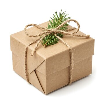 Brown kraft paper gift box tied with twine and pine sprig for holiday