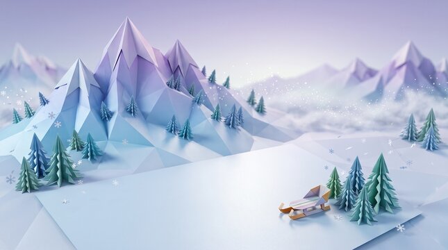 Mountain winter landscape with fir trees and snow in 3D origami style  