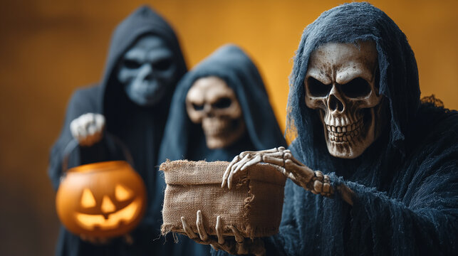 Three creepy skeletons in dark hooded robes celebrating halloween with carved pumpkin