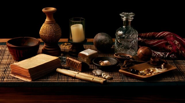 An antique table arrangement featuring a candle  glass decanter  wooden bowl  old book  and assorted artifacts under warm lighting