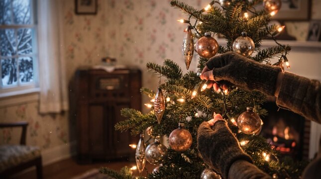 Person decorating a Christmas tree with ornaments and lights indoors  