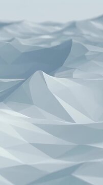 Faceted low poly snowy mountains shift beneath a pale winter sky. Winter presentation, environmental campaign, and travel promotion.
