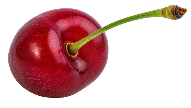 Single ripe red cherry with green stem, isolated on transparent background