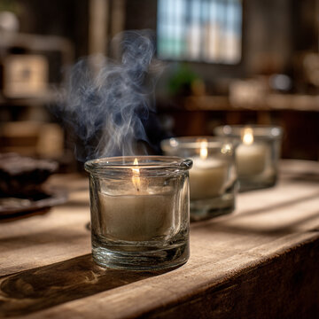 Three scented glass votive candles burning brightly with wisps of grey smoke rising