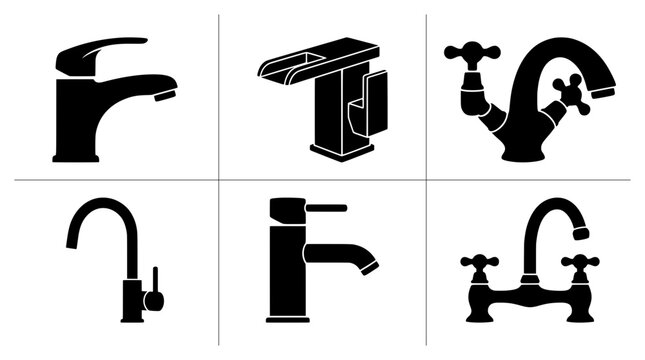Faucet silhouettes set with kitchen and bathroom taps, plumbing and water supply