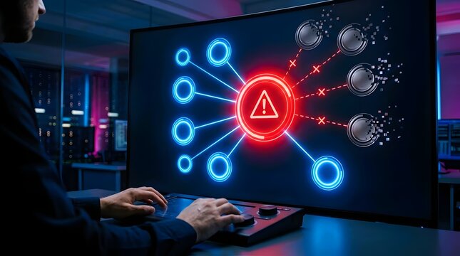 Cybersecurity expert analyzing a critical digital threat displayed on a large screen, indicating network system failure and data breach vulnerability.