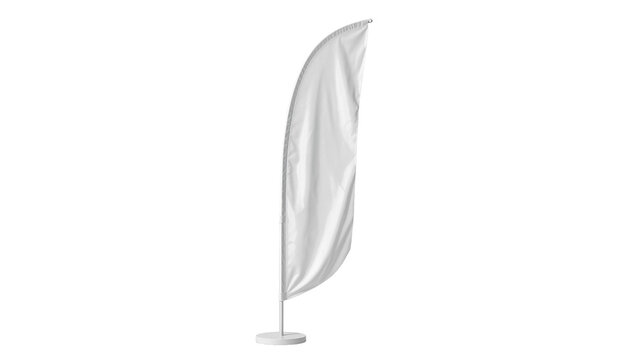 Blank white feather flag on pole with circular base, isolated on transparent background