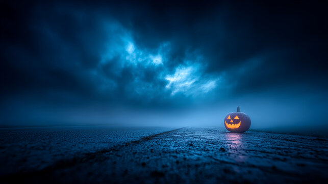 Single carved halloween pumpkin glowing under a stormy night sky with jack o lantern