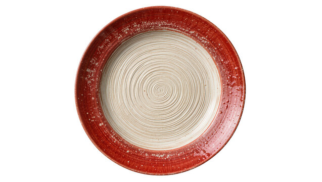 Rustic red speckled ceramic dinner plate with concentric circle texture, isolated on transparent background
