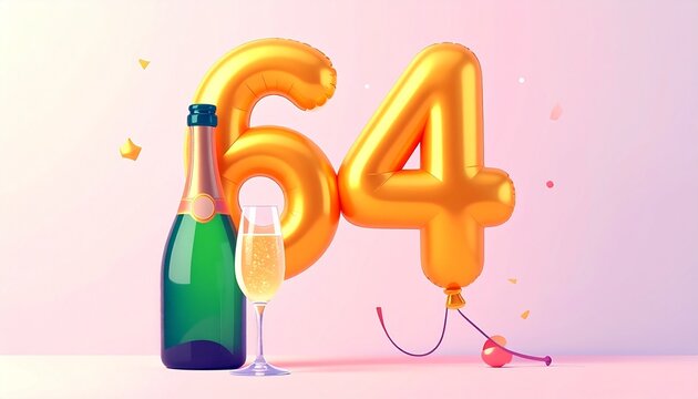 Birthday and Anniversary Celebration with Champagne and Gold Number 64 Balloon