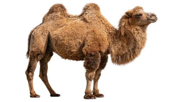 Bactrian camel with two humps standing, isolated on transparent background