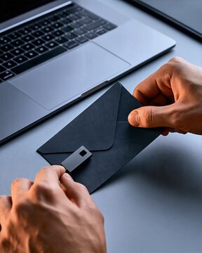 Hands Preparing a USB Security Token Beside a Laptop