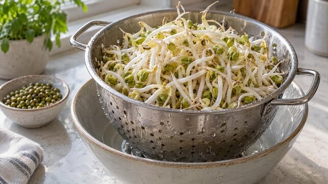 Fresh mung bean sprouts draining in a colander