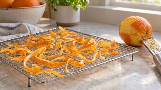 Orange peel ribbons drying on a kitchen rack