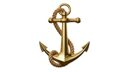 Shiny golden anchor with thick rope, isolated on transparent background © Aliona