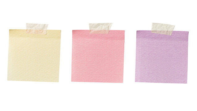Three pastel colored sticky notes taped with masking tape, isolated on transparent background