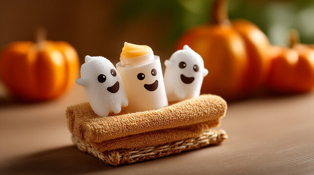 Cute ghost shaped marshmallow treats sitting on folded towels with pumpkins