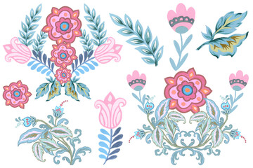 Beautiful damask motif folk art paisley watercolor design botanical floral abstract isolated elements © HoyaBouquet
