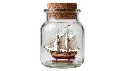 Detailed wooden sailing ship model with sails and flag inside a glass jar with cork, isolated on transparent background © Aliona