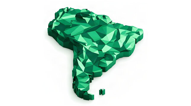 Low poly 3D green map of south america with american white background art earth science continent geography landmass cartography polygonal triangular geometric minimalist