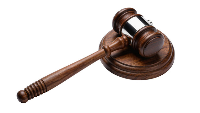 Polished wooden gavel and sounding block, isolated on transparent background