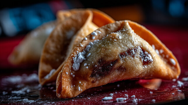 Crispy fried crescent shaped pastries dusted with sugar on dark surface dough culinary