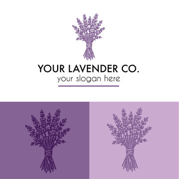 Lavender logo design in vector for new company or business, branding set in purple with hand drawn illustration of a flower bunch