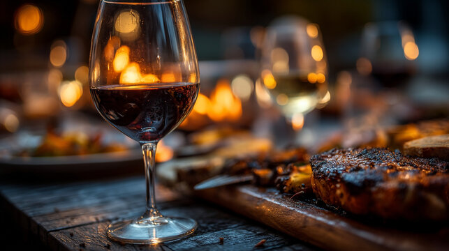 Glass of red wine served alongside a plate of grilled steak on a dinner table with meat